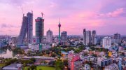 Colombo Sri Lanka skyline cityscape photo. Sunset in Colombo with views over the biggest city in Sri Lanka island. Urban views of buildings and the Laccadive Sea